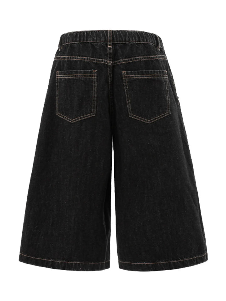 Men's Wide-Leg Denim Shorts with Plaid Accent