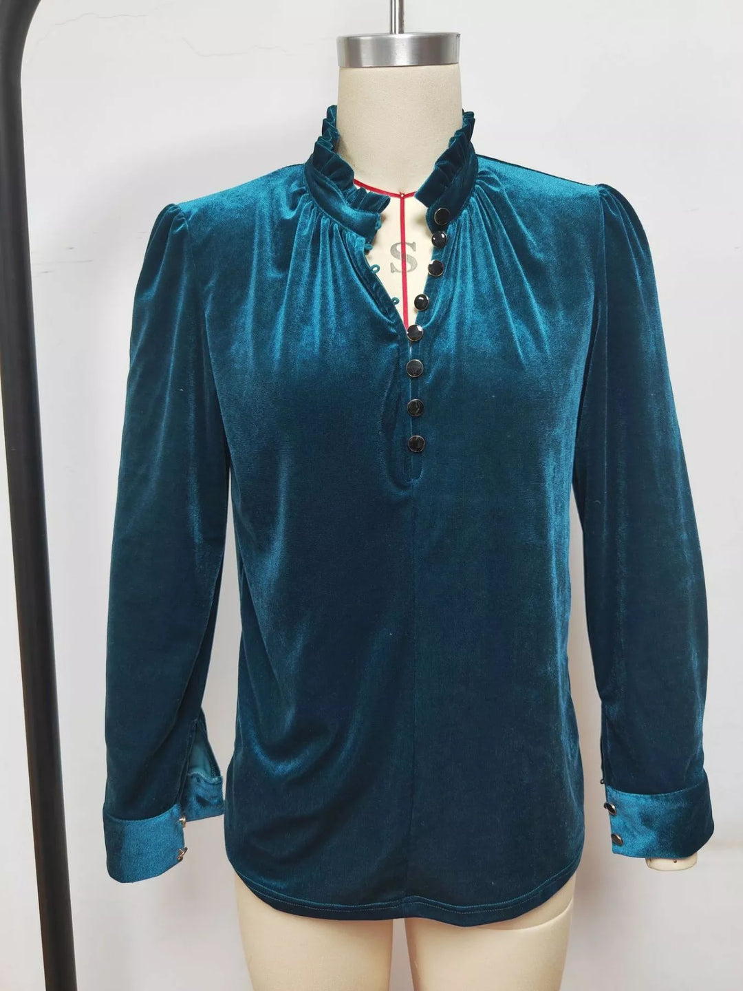 Elegant Velvet Ruffle Neck Blouse