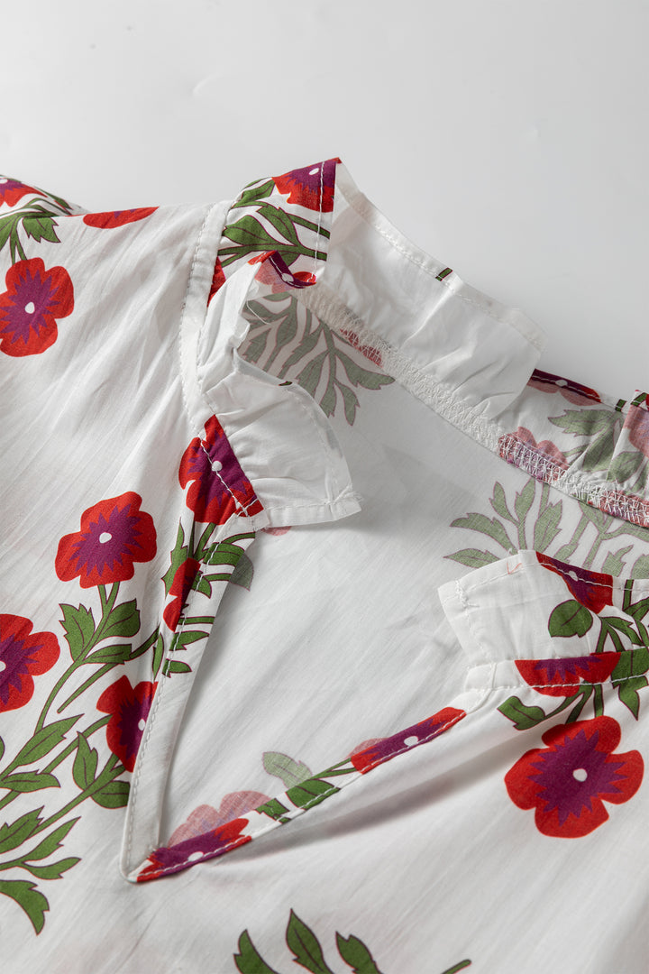 White Floral Print V Neck 3/4 Sleeve Loose Mini Dress