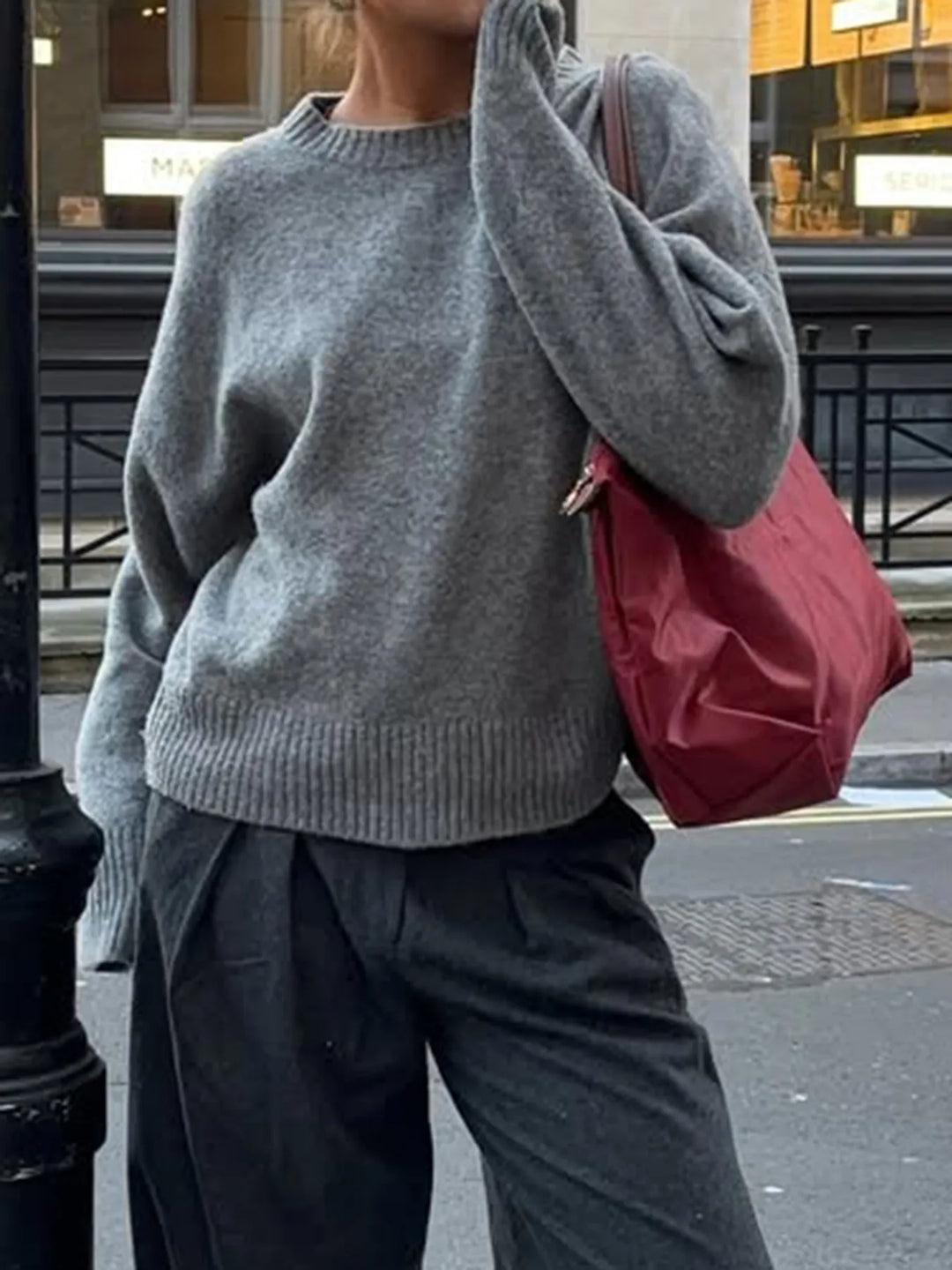 Ribbed Crewneck Drop Shoulder Sweater