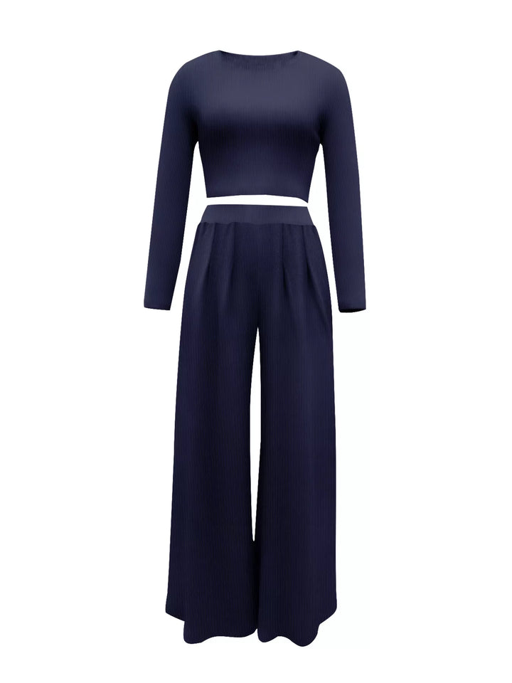 Casual Long Sleeve Crop Top and Wide Leg Pants Set