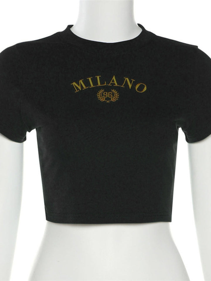 Letter Embroidered Cropped T-Shirt