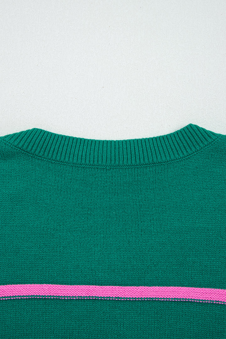 Green Stripe Half Buttons Drop Shoulder Plus Size Sweater