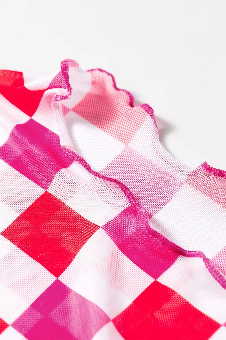 Plaid Heart Mesh Sheer Long Sleeve High Neck Top