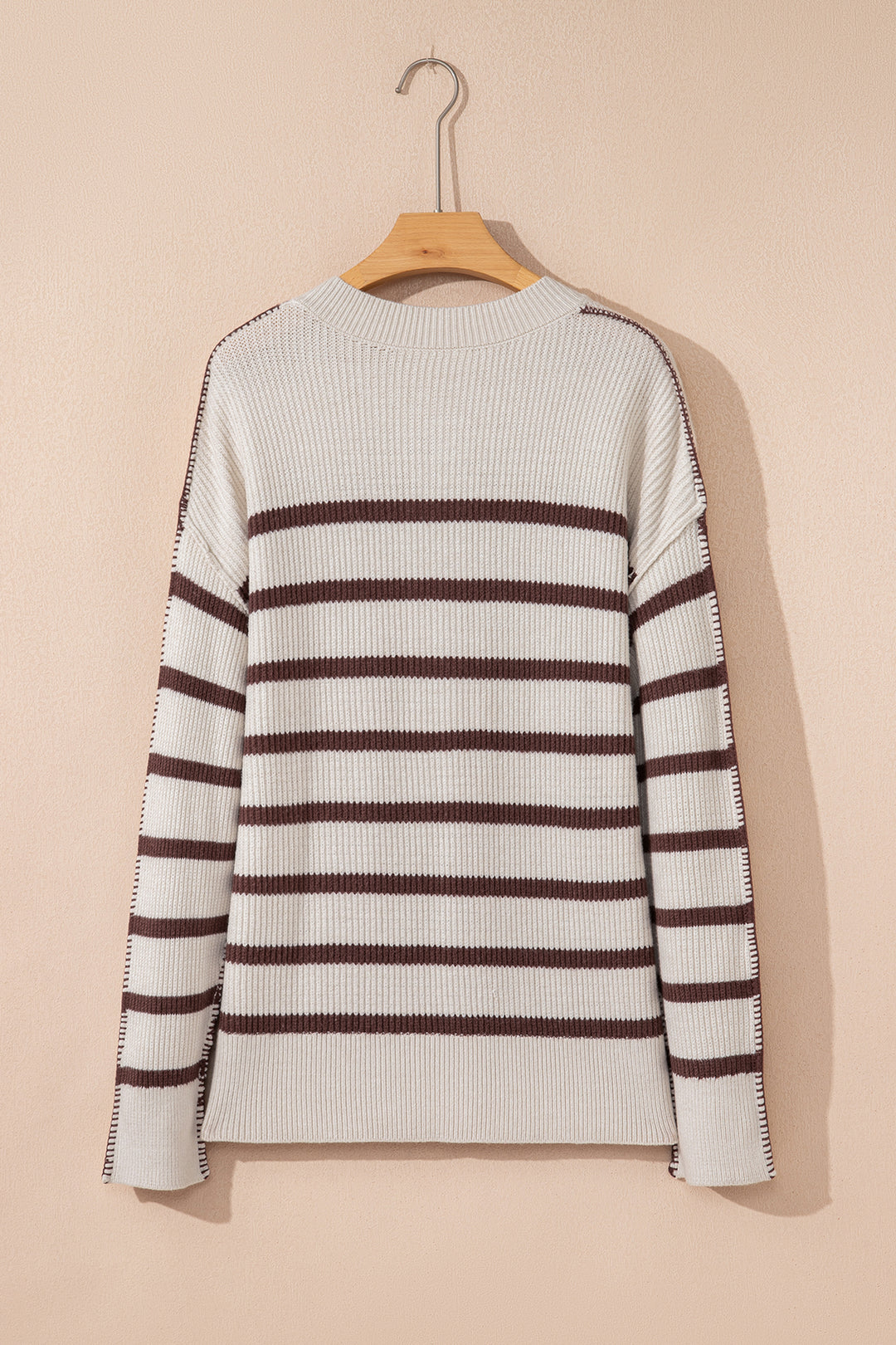 Brown Stripe Ribbed Henley Drop Shoulder Slouchy Sweater