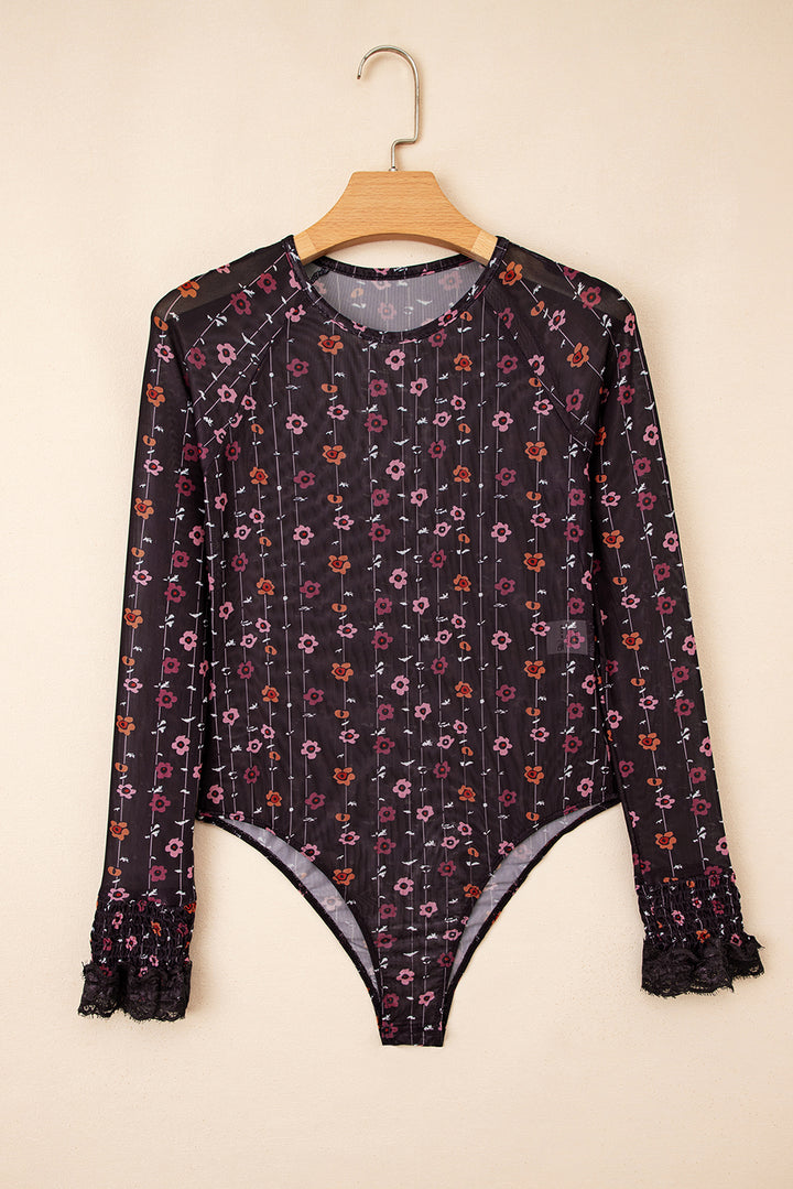 Black Floral Print Smocked Cuff Slim Fit Mesh Bodysuit