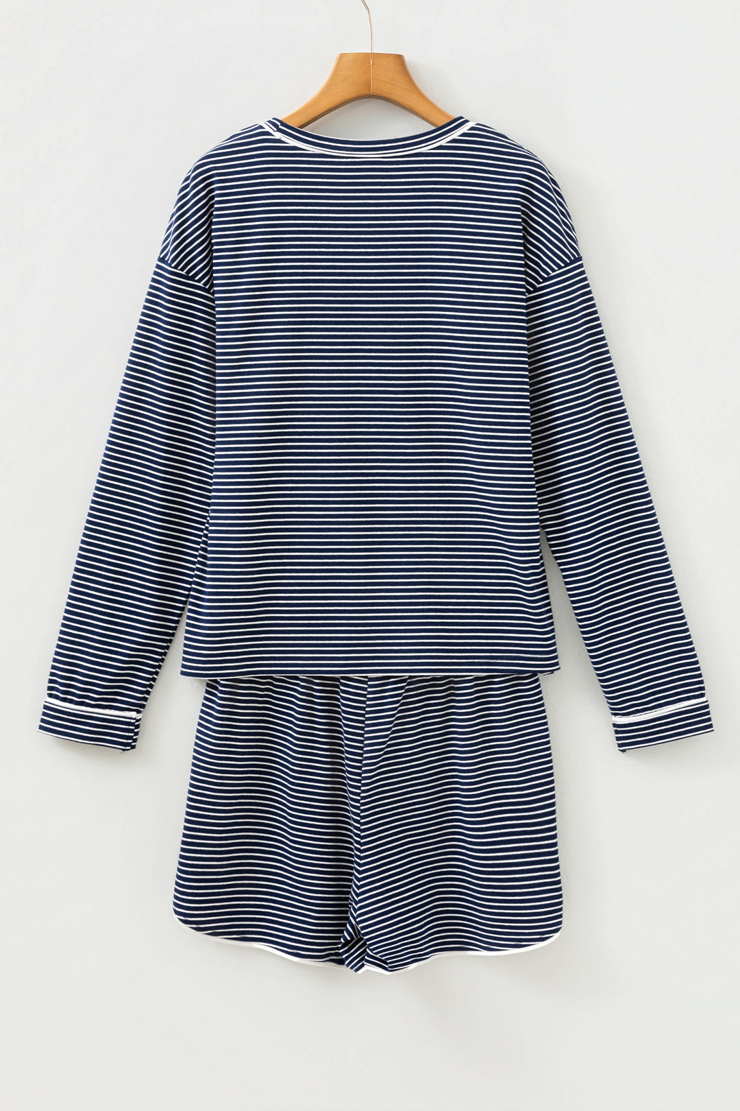 Blue Stripe Drop Shoulder Round Neck Long Sleeve Tee and Buttoned Shorts 2pcs Lounge Set