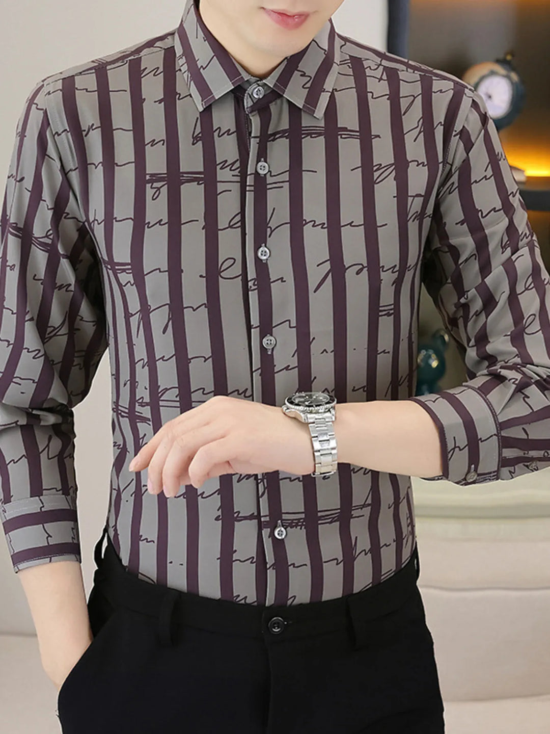 Men's Plus Size Striped Button Up Long Sleeve Shirt