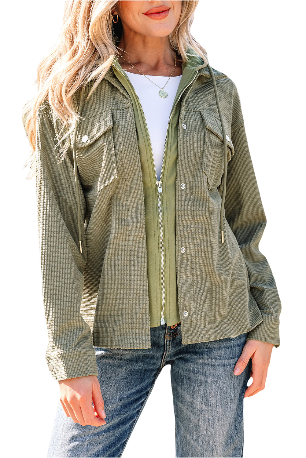 Laurel Green 2 in 1 Thermal Knit Textured Hooded Jacket