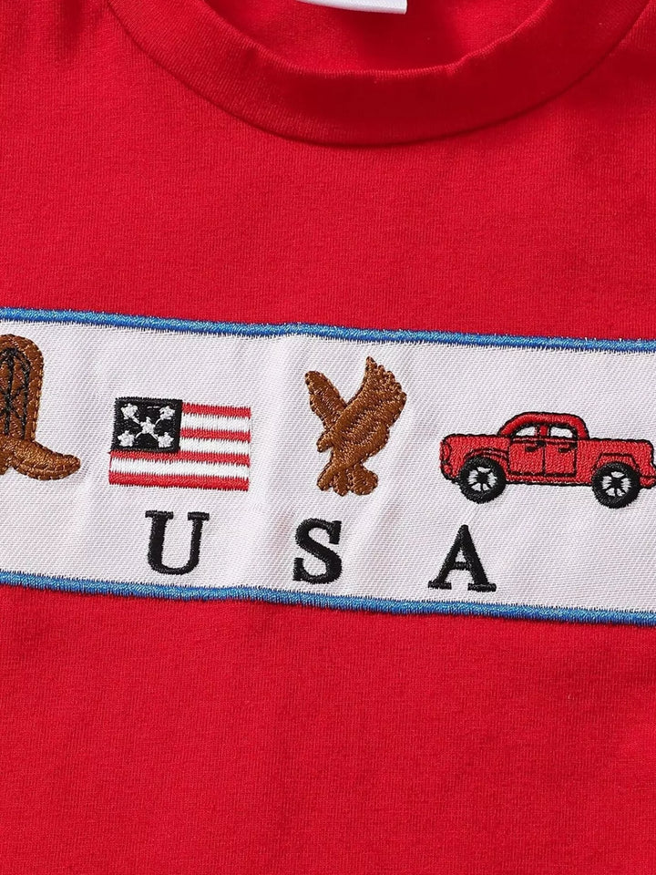 Children's Patriotic USA Embroidered Short Sleeve T-Shirt & Shorts Set