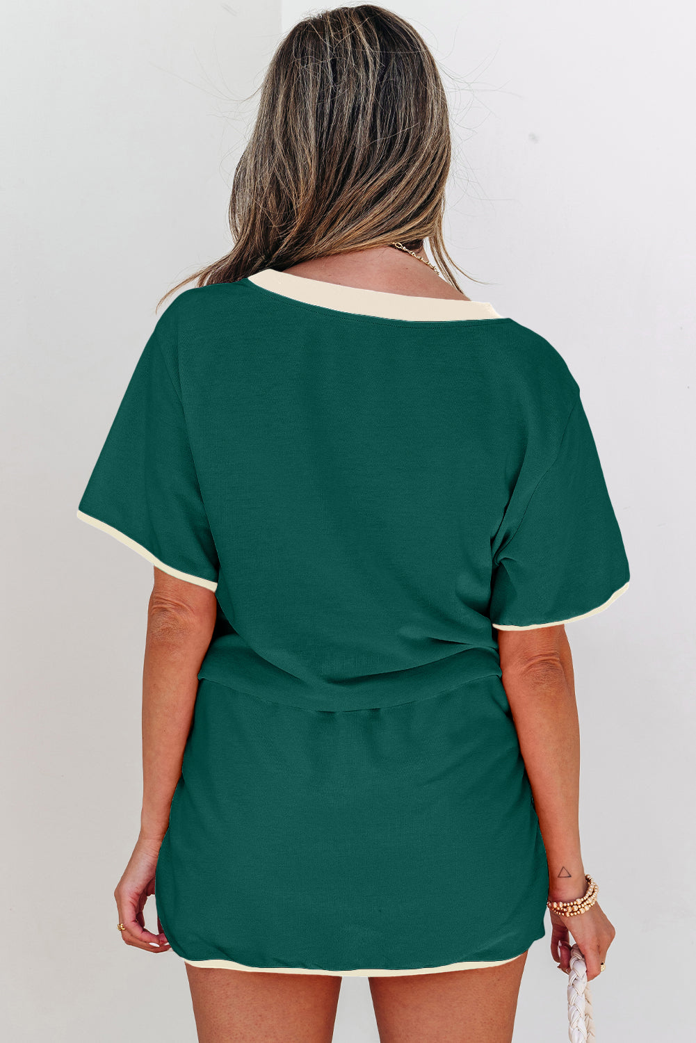 Evergreen Colorblock Edge Drop Shoulder T Shirt and Skirt 2Pcs Set
