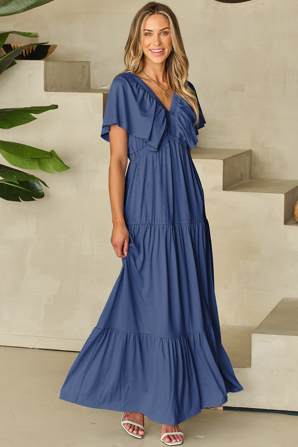 Navy Blue Textured V Neck Flutter Sleeve Ruffled Maxi Dress
