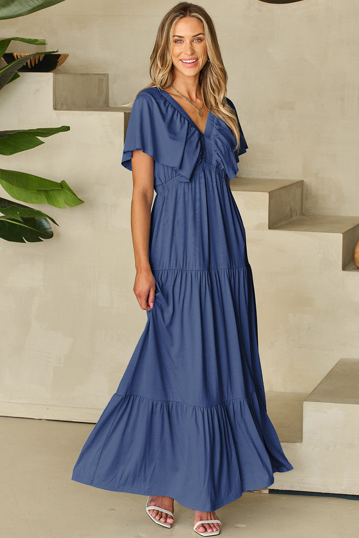 Navy Blue Textured V Neck Flutter Sleeve Ruffled Maxi Dress