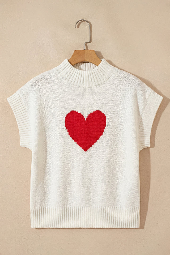 White Valentine Heart Graphic Cropped Short Sleeve Sweater