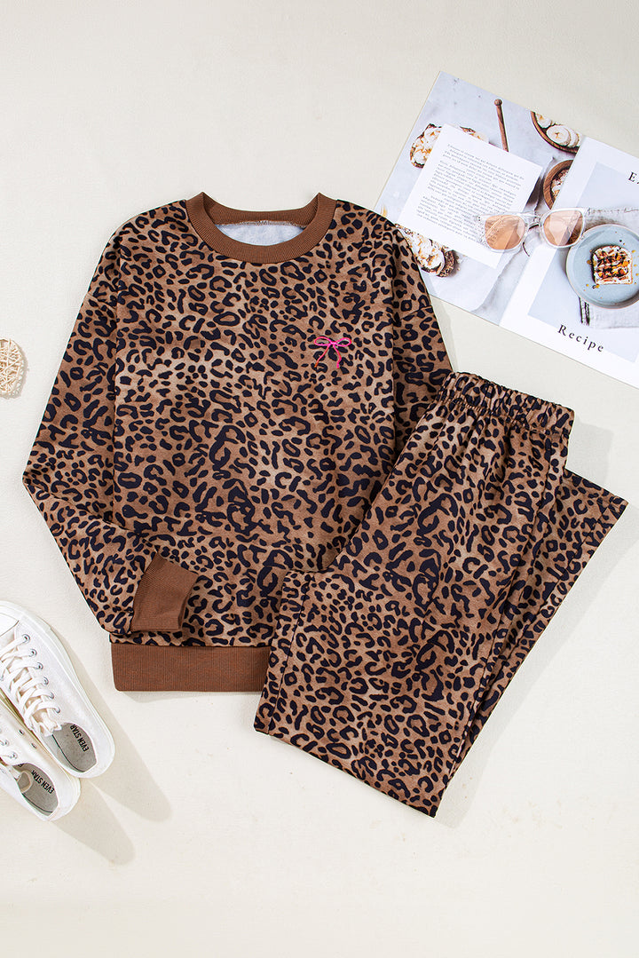 Coffee Leopard Print Contrast Trim Long Sleeve Top and Pants Set