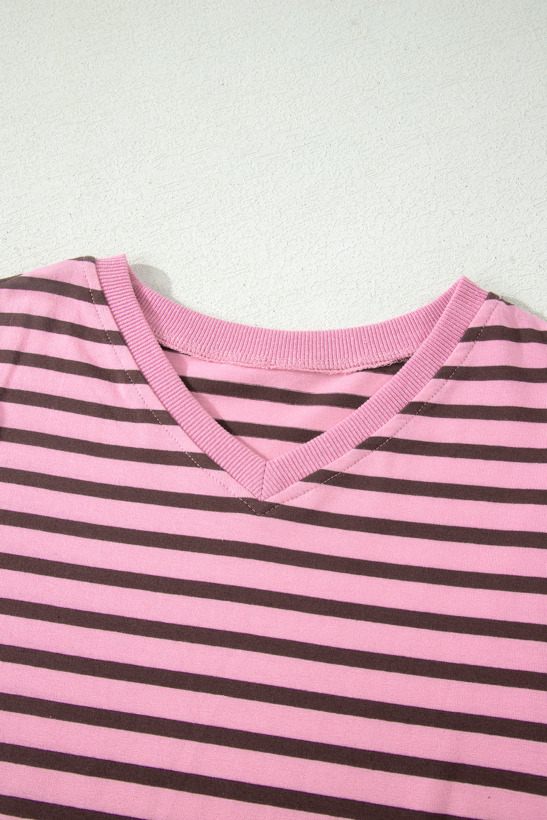 Rose Stripe Striped V-Neck Ribbed Collar Cuff Gathering Puff Sleeve Top