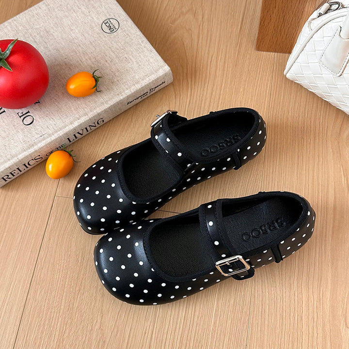 Black Round Toe Retro Polka Dot Shallow Mouth Flat Sole Single Shoe Women's Summer 2026 New Style Hundred Matching Skirt Mary Jane Shoes
