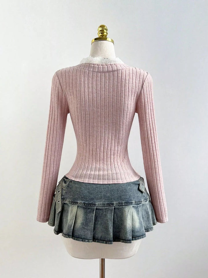 V-Neck Lace Trim Ribbed Knit T-Shirt