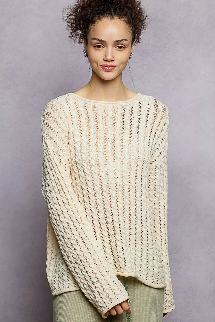 POL Openwork Round Neck Knit Top with Shiny Detail