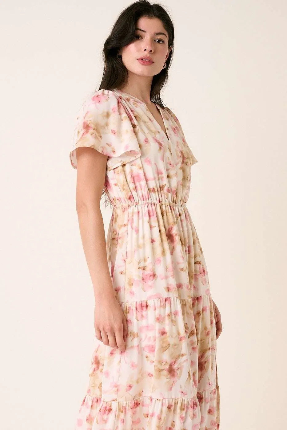 Mittoshop Flower Print Flutter Sleeve V Slit Maxi Dress