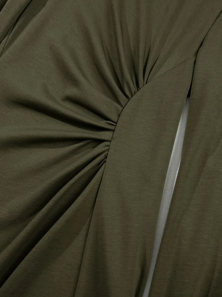 Solid Color Ruched Detail Long Sleeve Midi Dress