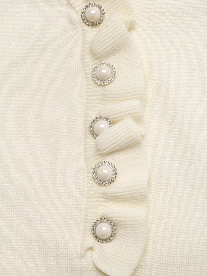 Ruffle Trim Pearl Button V-Neck Knit Top
