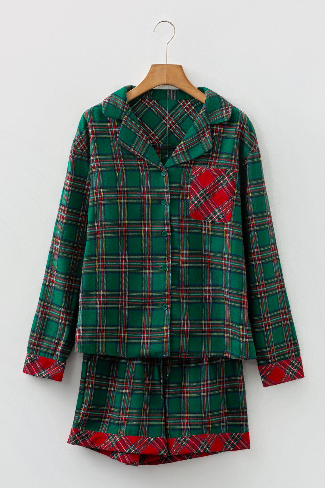 Green Plaid Contrast Patched Christmas Holiday Long Sleeve Shirt and Short 2pcs Pajama Set