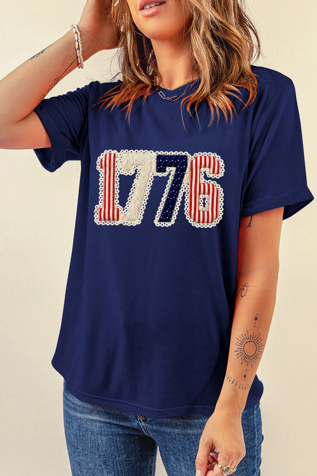 Blue 1776 Faux Patchwork Printed T Shirt