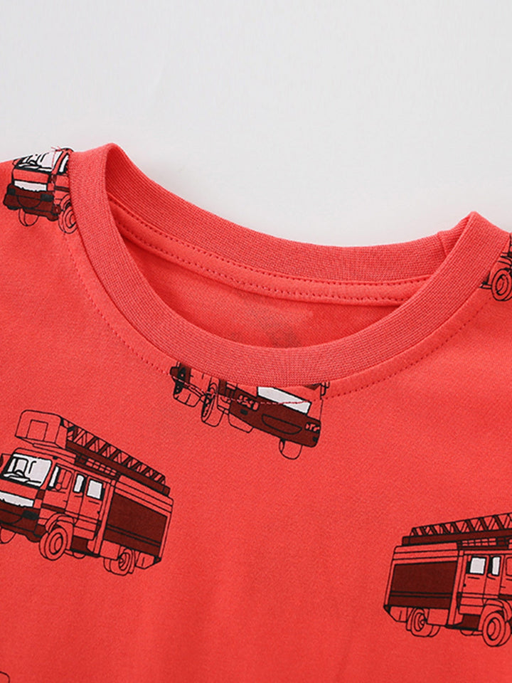 Children's Fire Truck Print Crew Neck Short Sleeve T-Shirt