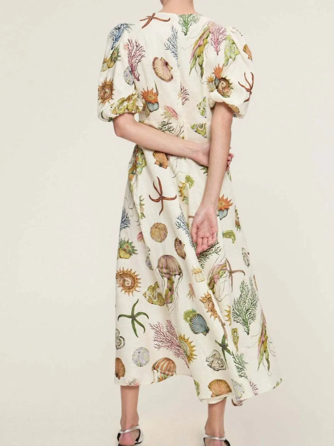 Printed Round Neck Puff Sleeve Dress