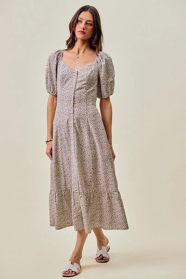 SO ME Ditsy Floral Self Belt On Elastic Waist Maxi Dress