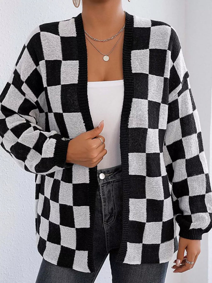 Checkerboard Pattern Open Front Knit Cardigan