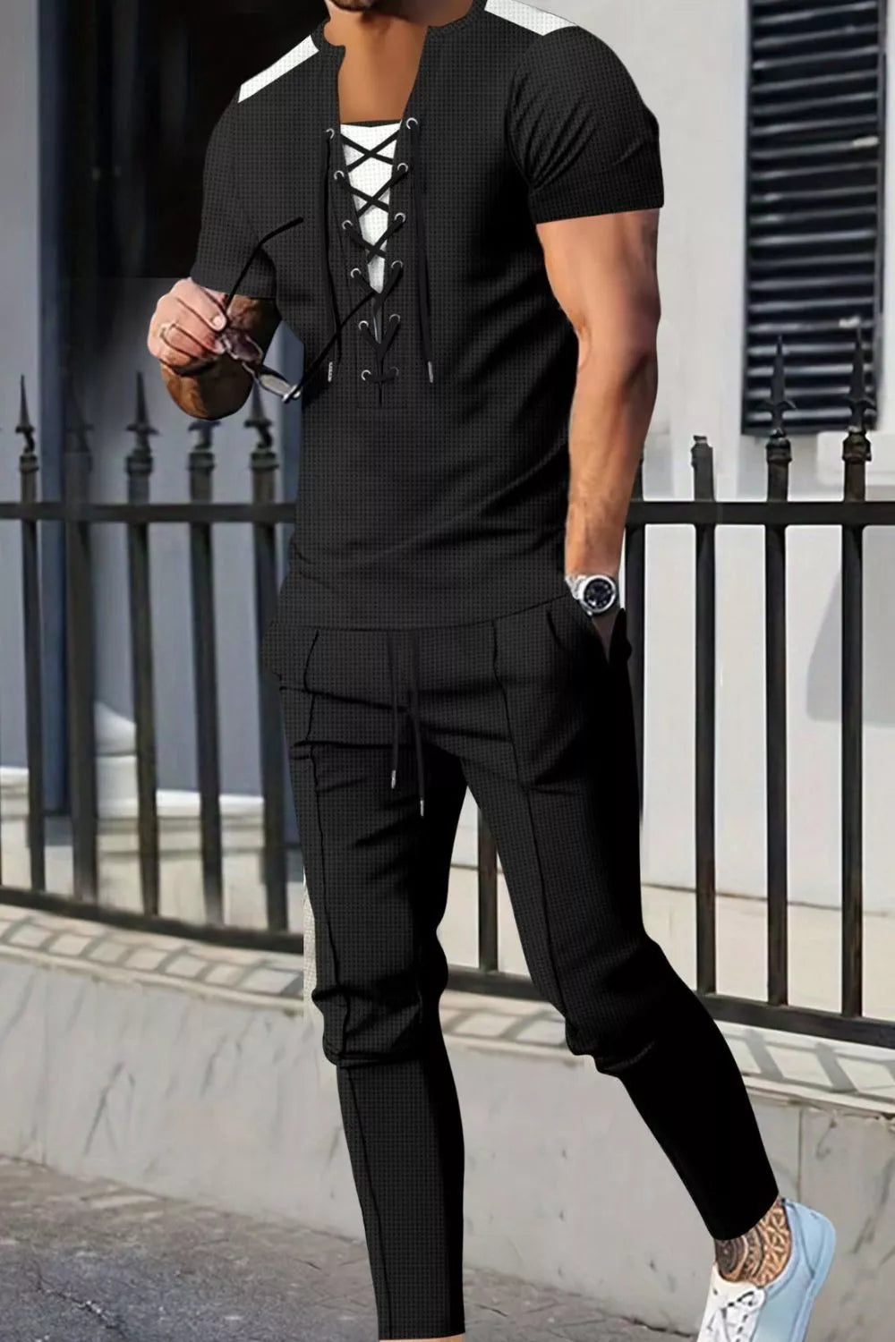 Men's Full Size Lace-Up Front Top and Pants Casual Set Plus Size