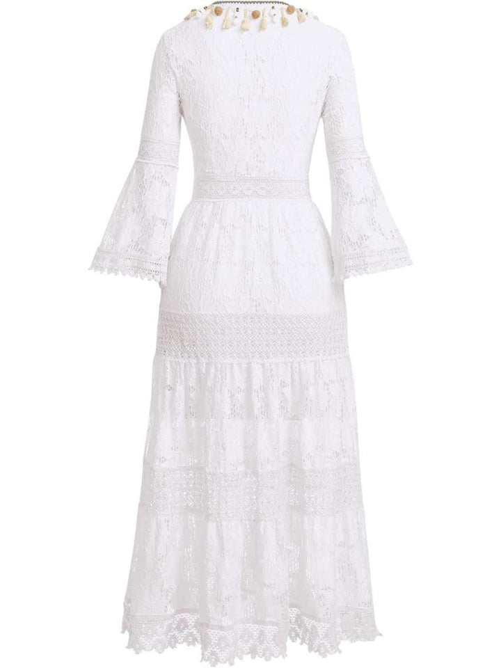 Bohemian Lace Maxi Dress with Bell Sleeves