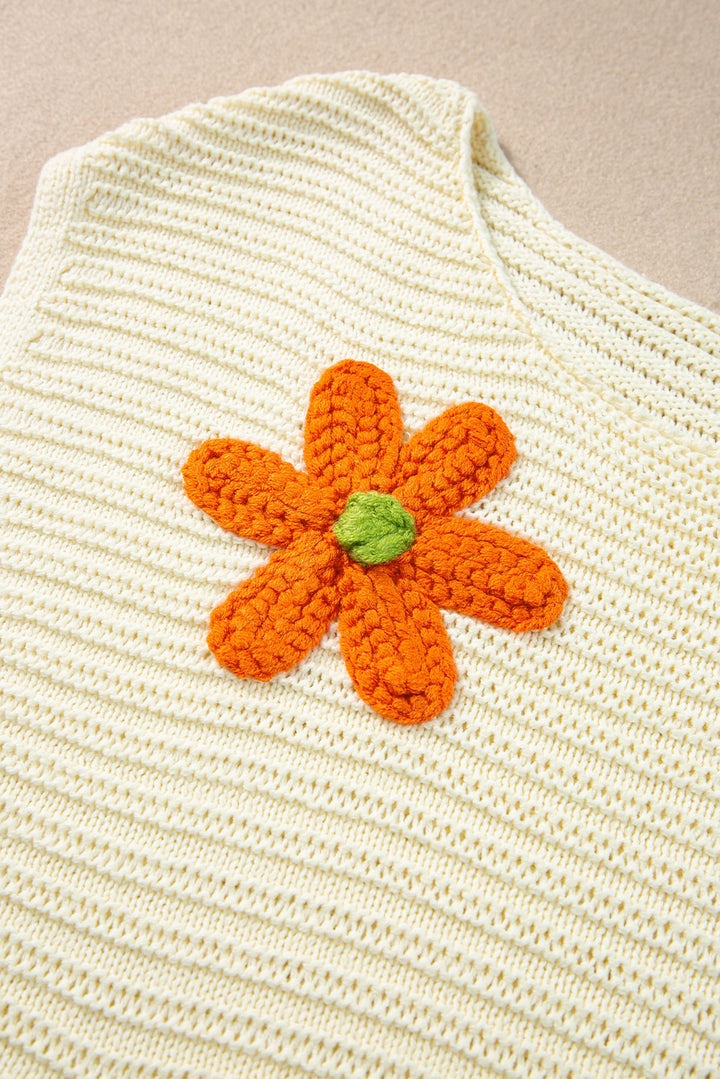White Flower Crochet Round Neck Knitted Top