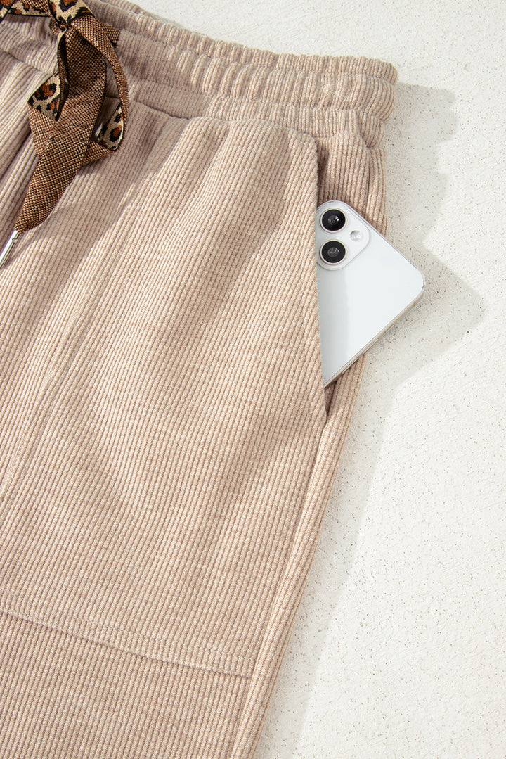 Gray Morn Corduroy Leopard Drawstring High Waist Trousers