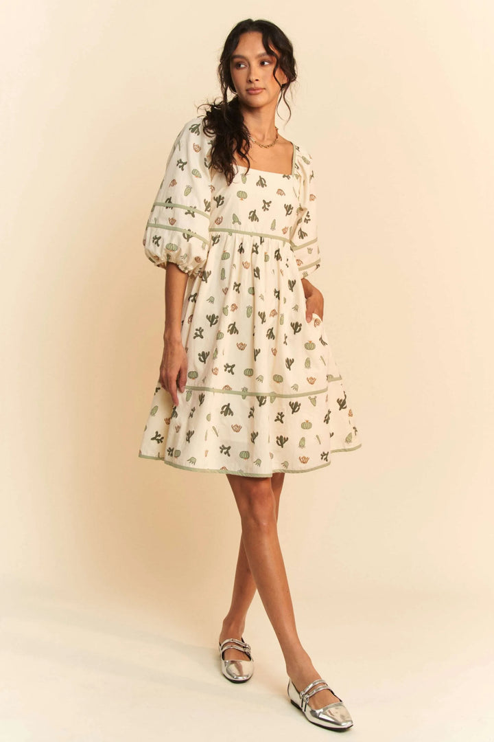 Davi & Dani Cactus Printed Poplin Contrast Piping Mini Dress