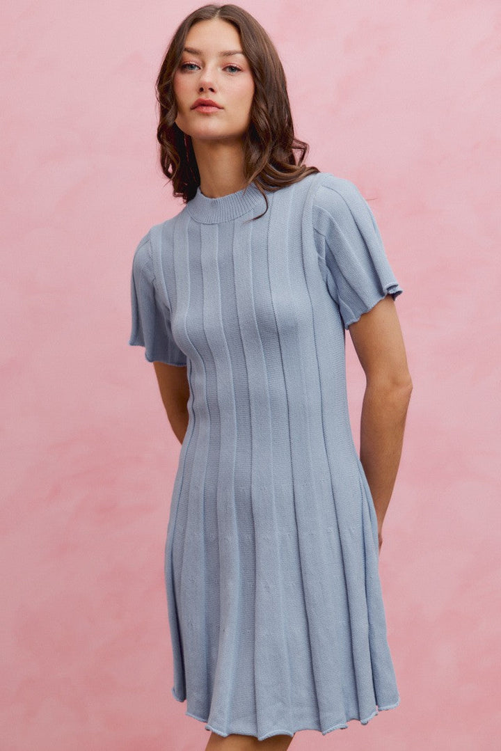 SO ME Wide Rib Short Sleeves Sweater Knit Mini Dress