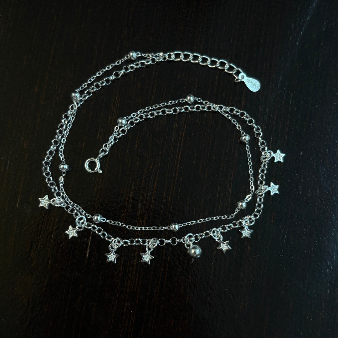 1pc 999 Sterling Silver Double-Layer Star & Bead Anklet, Delicate Luxurious Style, Perfect For Daily Wear & Valentine's Gifts