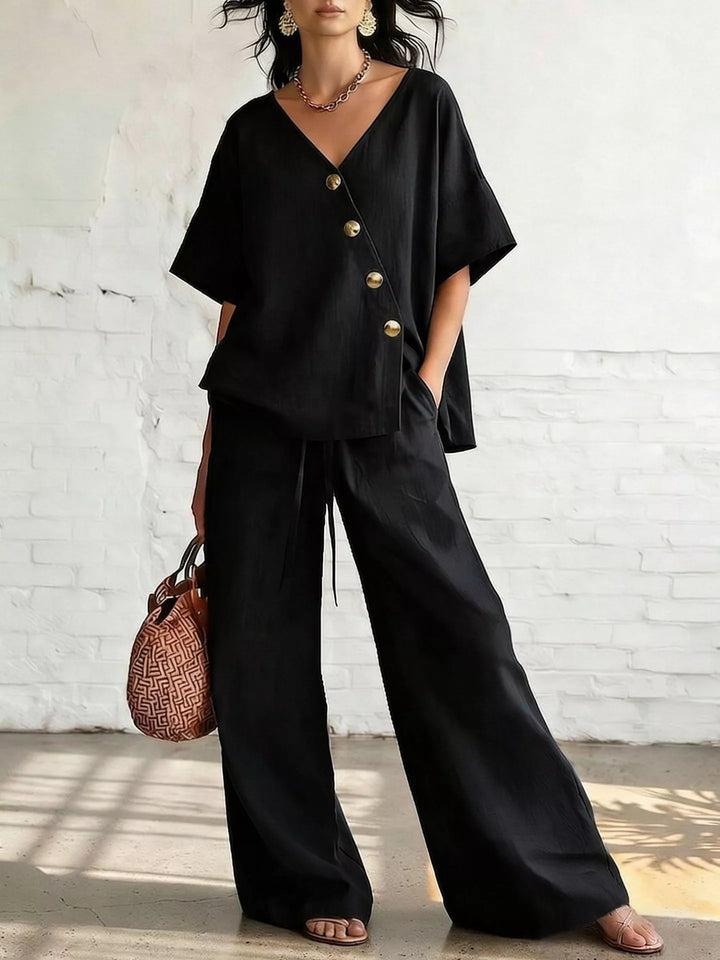 Full Size Surplice Half Sleeve Top and Wide-Leg Pants Set Plus Size