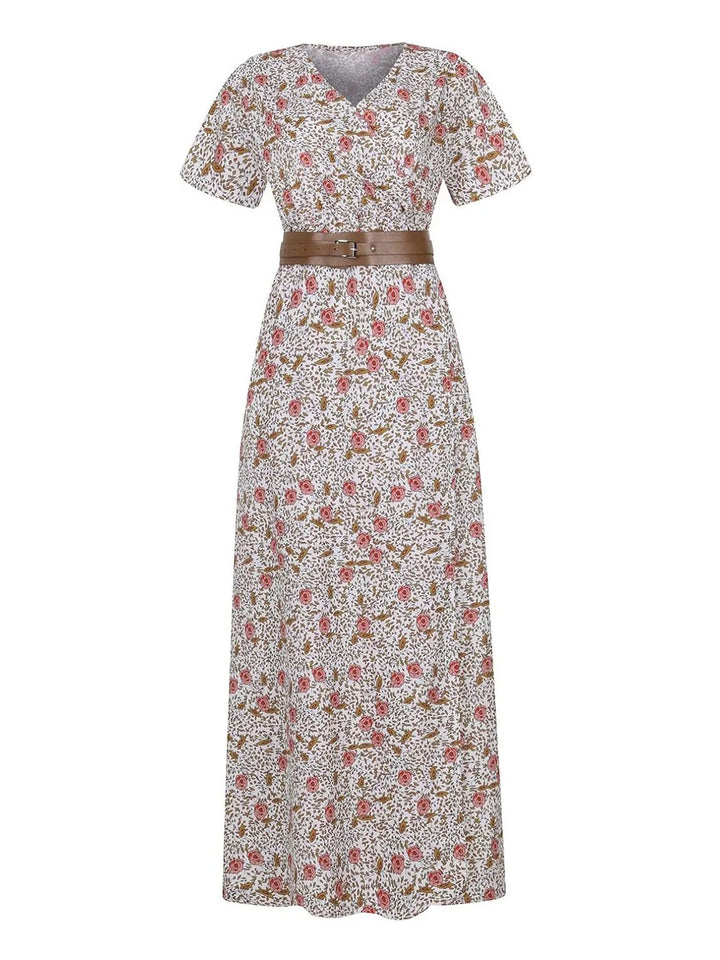 Full Size Printed V-Neck Short Sleeve Maxi Dress Plus Size