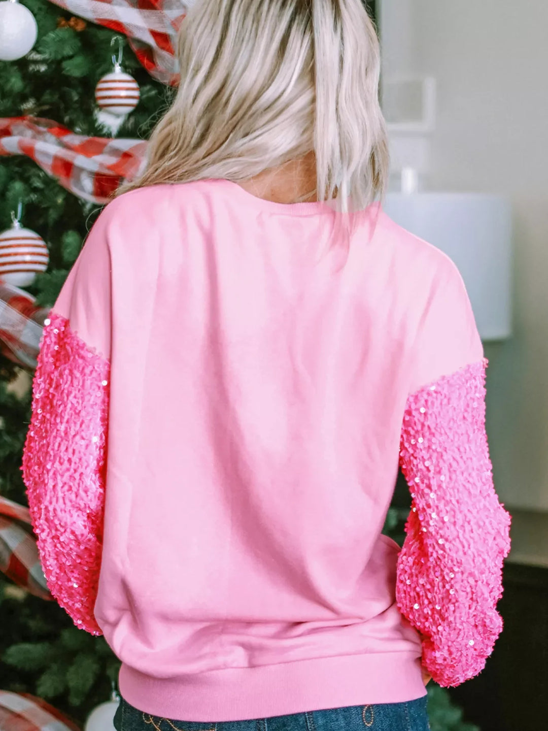 Holly Jolly Sequin Letter Drop Shoulder Long Sleeve Top