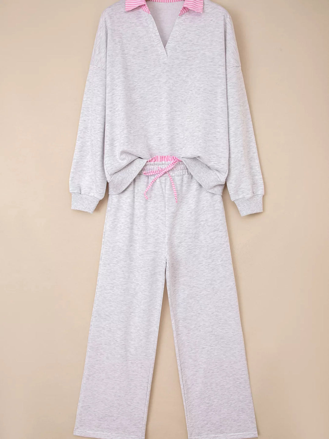 Contrasted Trim Frilled Collar Drop Shoulder Top and Drawstring Pant Set