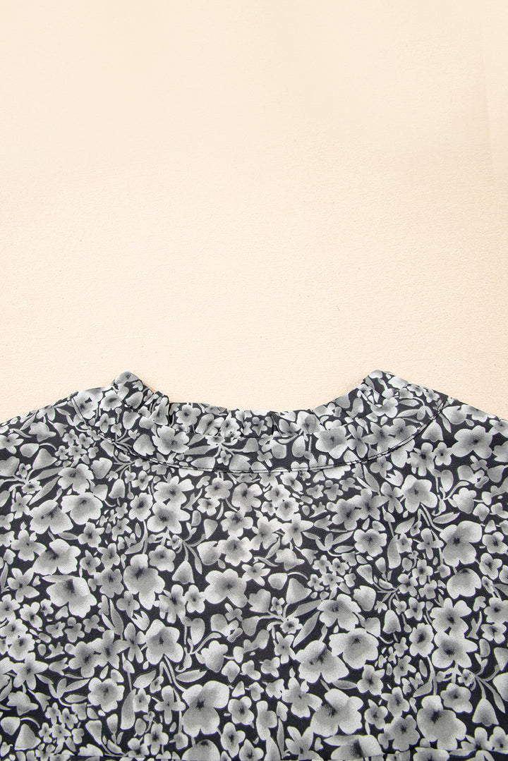 Black Rose Floral Print Ruffle Sleeve Plus Size Shift Top