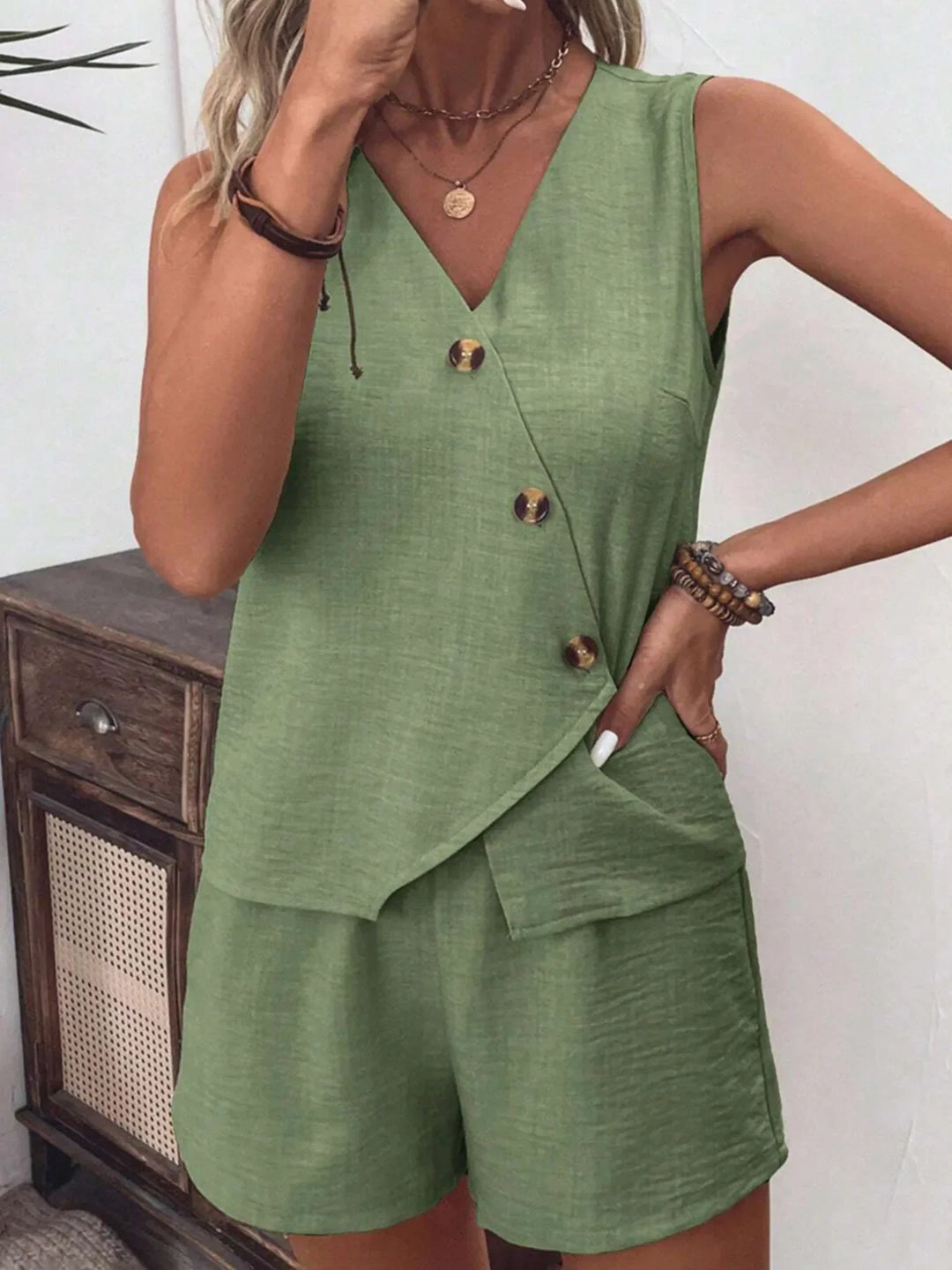 Button Up Vest and Shorts Set