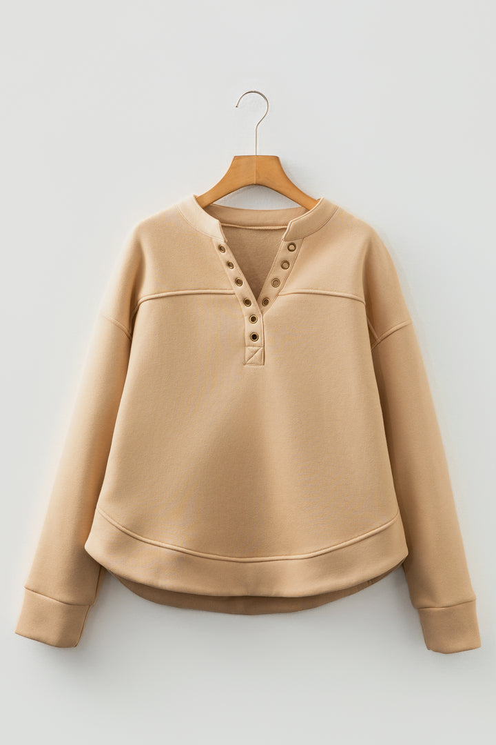 Light French Beige Grommet Detail V Neck Sweatshirt