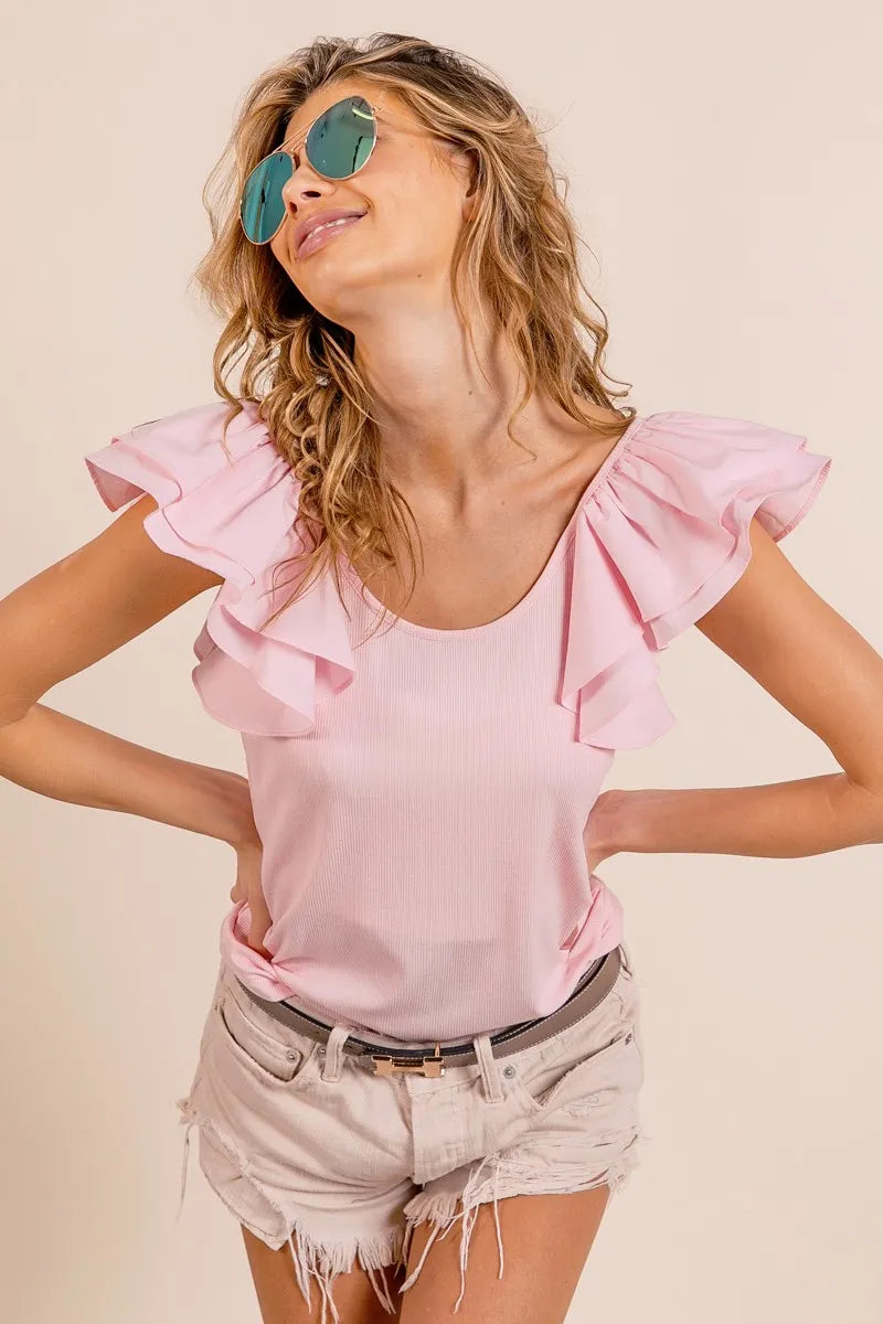 BiBi Wide Layered Ruffle Sleeve Scoop Neck Ribbed Top