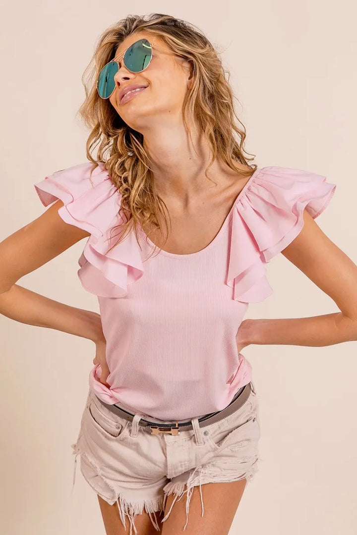 BiBi Wide Layered Ruffle Sleeve Scoop Neck Ribbed Top