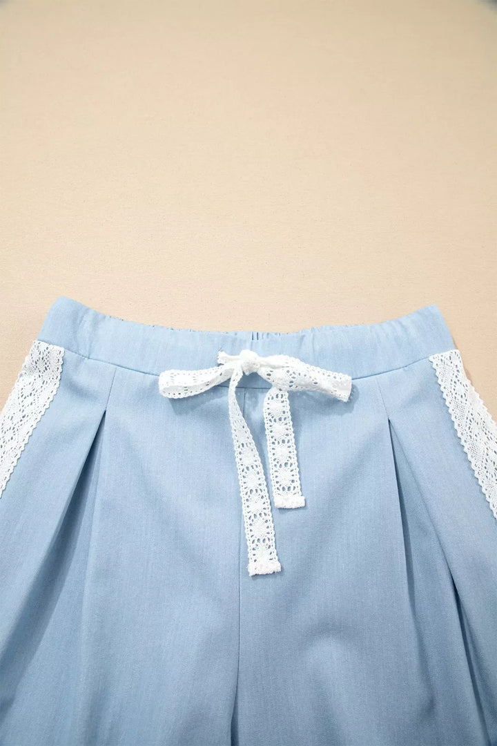 Lace Accent Floral Patched Pocket Pleated Wide Leg Slouchy Pants