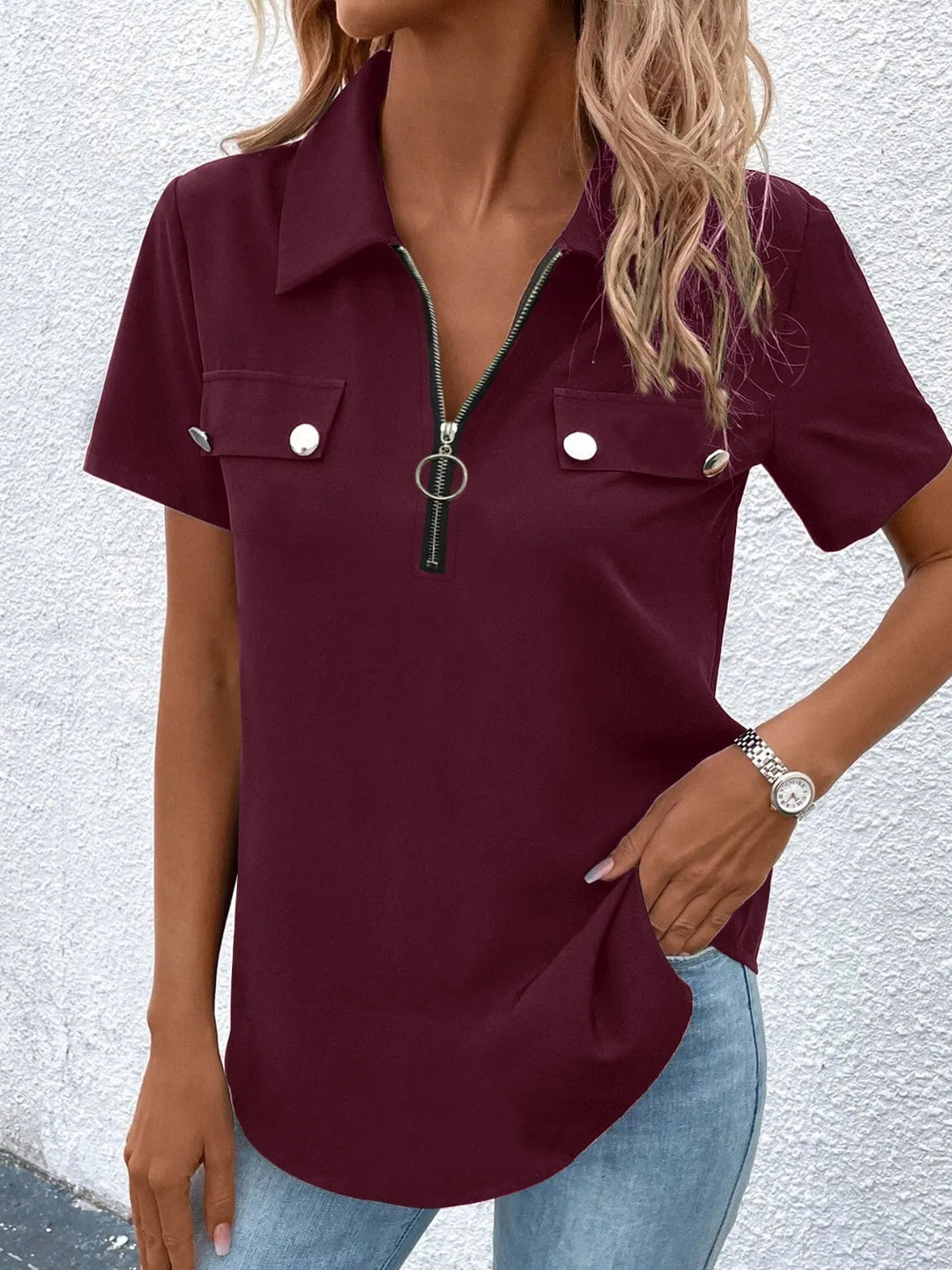 Zip Collar Short Sleeve Top